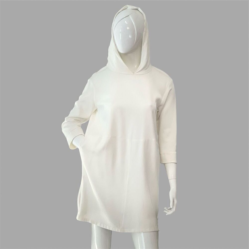 Max Mara Leisure Jersey Dress with hoodie Shirt cream gold zipper slits size S